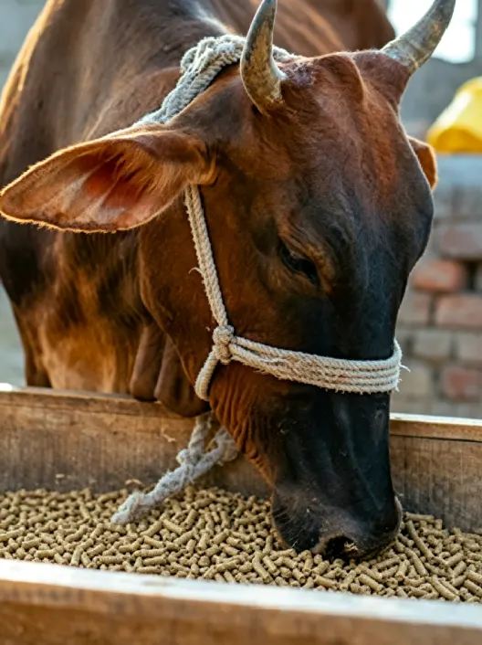 Real photo of cattle eating high-quality feed pellets, the pellets are manufactured by cattle feed pellet machine for livestock farm